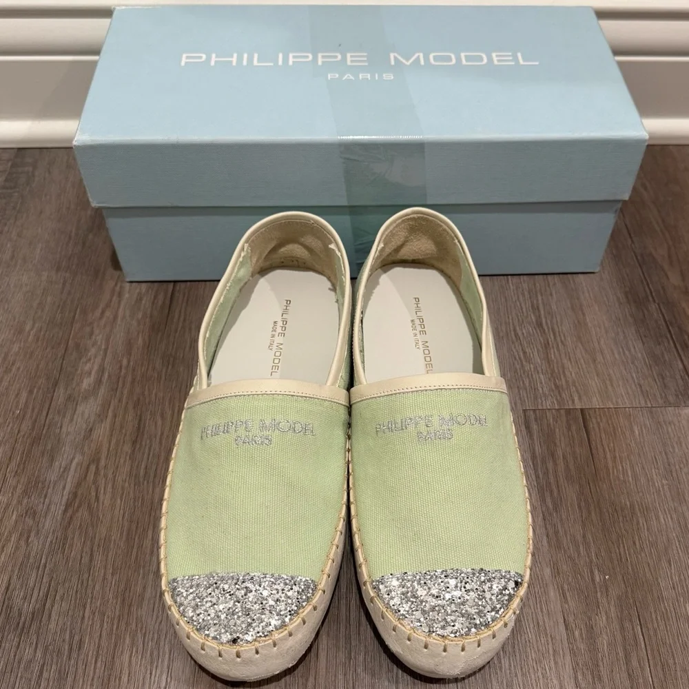Philippe Model Marseille Low Canvas Glitter Detail Green Espadrille Flats